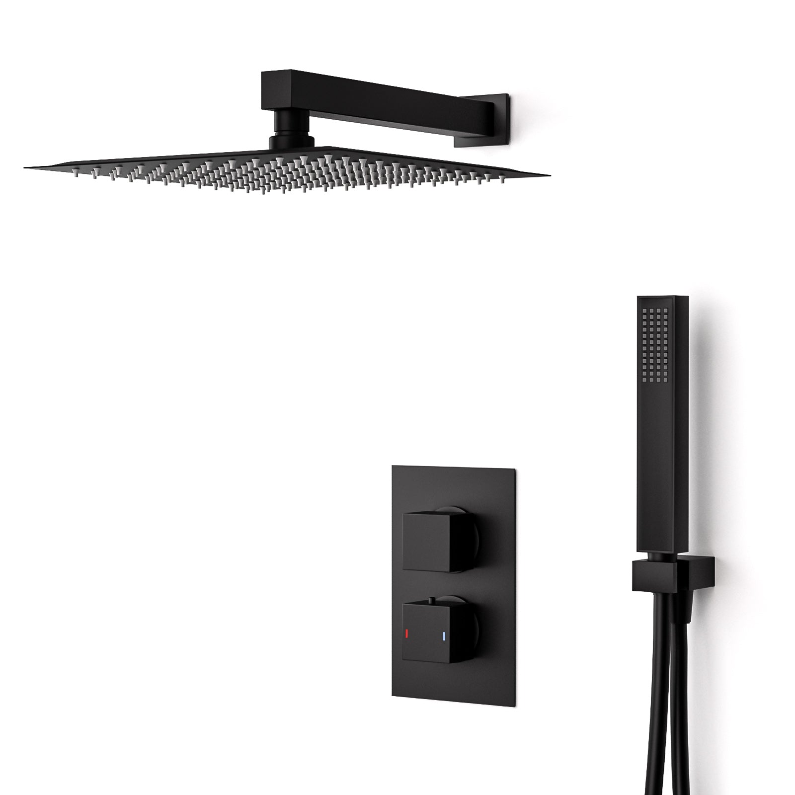 Temel 2 Dial 2 Way Thermostatic Mixer Valve, 300mm Shower Head, Handset Shower Set Matte Black