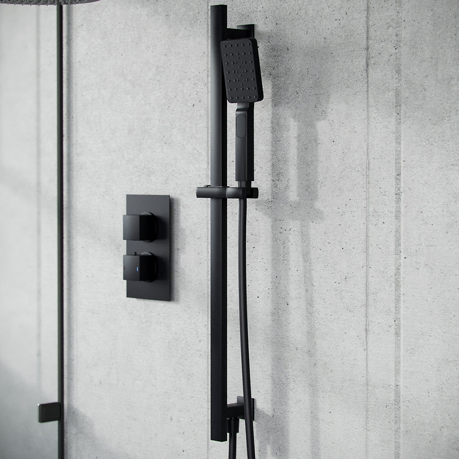 Temel 2 Dial 2 Way Thermostatic Mixer Valve, 300mm Shower Head, Handset Slider Rail Set Matte Black