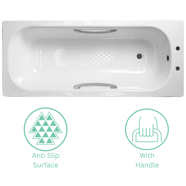 Dylan 1600 x 700mm Gloss White Steel Enamel Bath with Chrome Handles, Anti Slip Base & 2 Tap Holes
