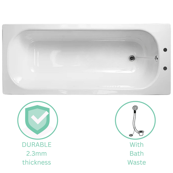 Dylan Premium 1500 x 700mm Heavy Duty Extra Thick Steel Enamel Bath, 2 Tap Holes, Waste & Overflow