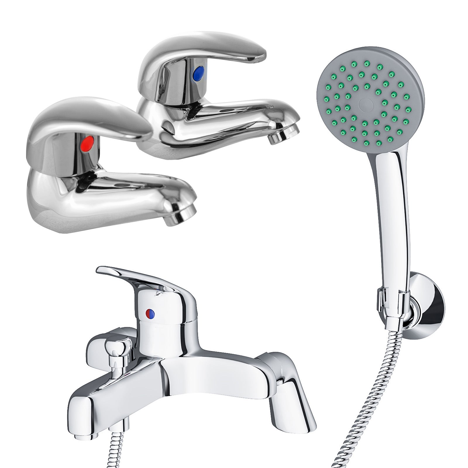 Studio Contemporary Set Of Twin Basin Taps & Bath Shower Mixer Tap With Handheld Kit
