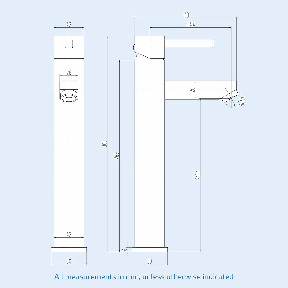 Chrome Square Modern Tall Basin Mixer Tap