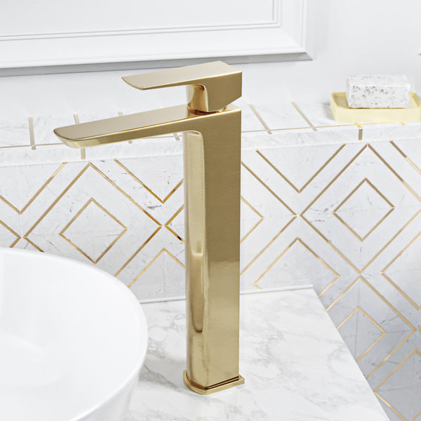 Brushed Brass Tall Basin Mixer Tap & Slotted Push Button Waste