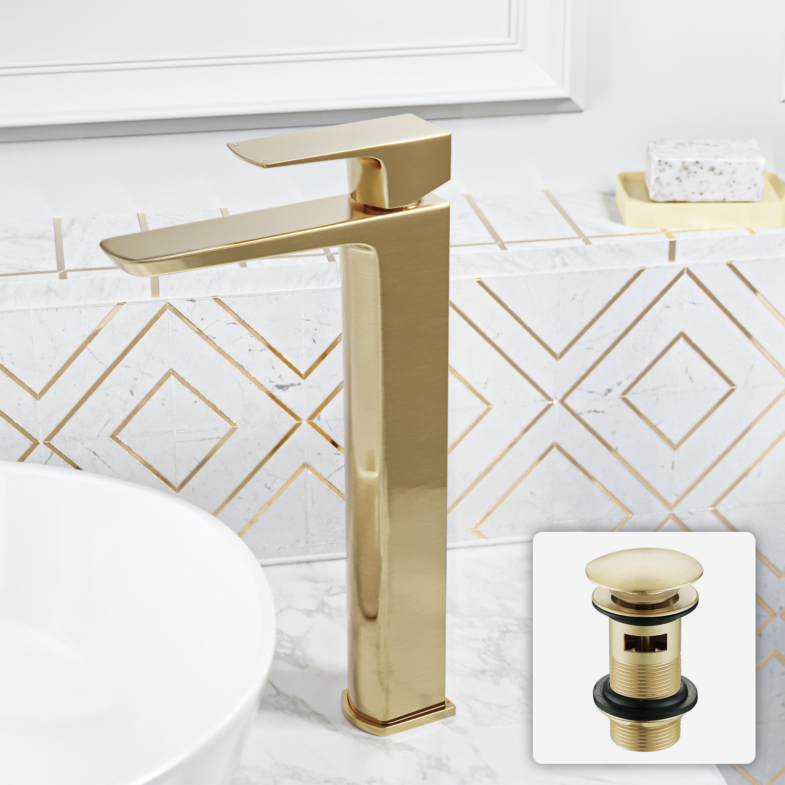 Brushed Brass Basin Mixer Tall Tap & Waste