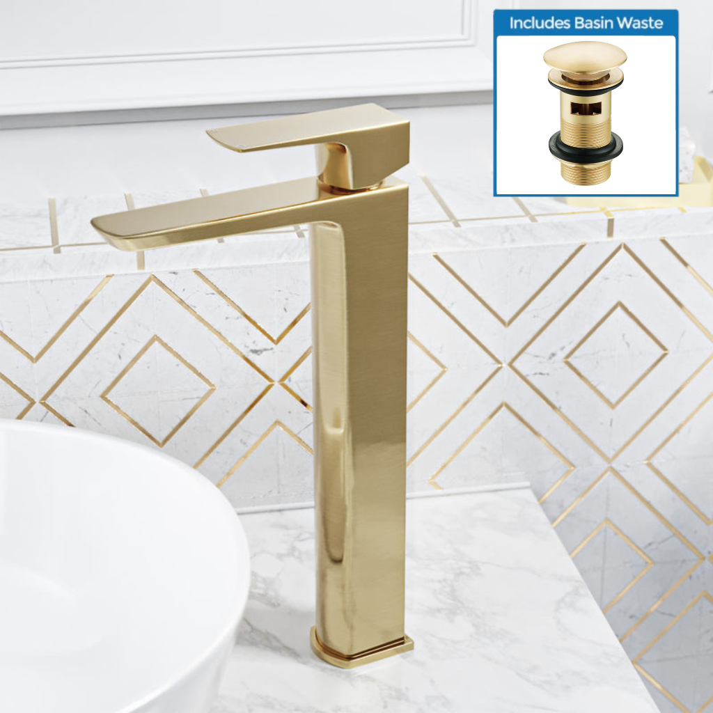Brushed Brass Tall Basin Mixer Tap & Slotted Push Button Waste