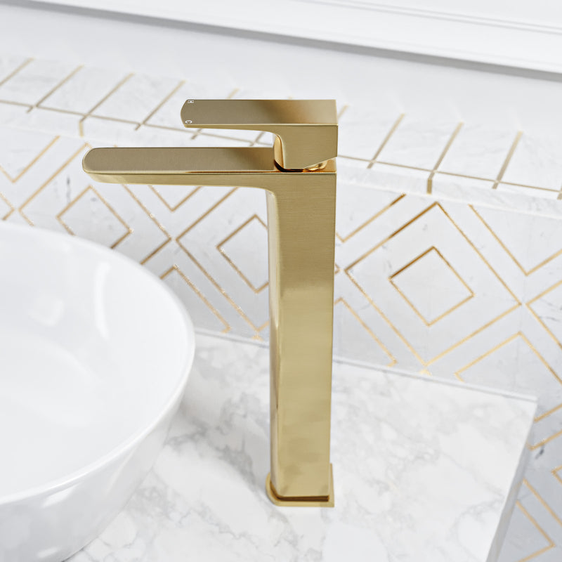 Brushed Brass Tall Basin Mixer Tap & Slotted Push Button Waste