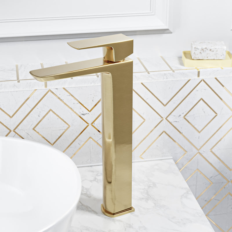 Brushed Brass Tall Basin Mixer Tap & Slotted Push Button Waste