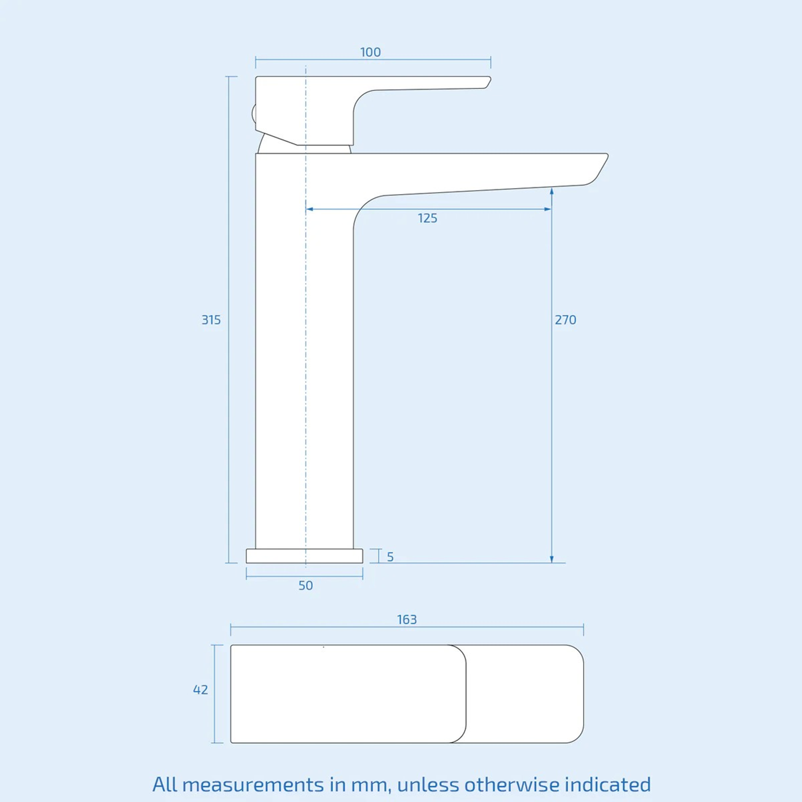 Technical drawing of a bathroom faucet with dimensions on a light blue background