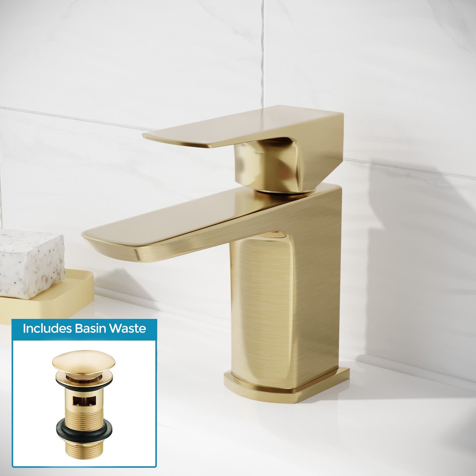 Brushed Brass Bathroom Cloakroom Basin Mono Mixer Tap & Waste