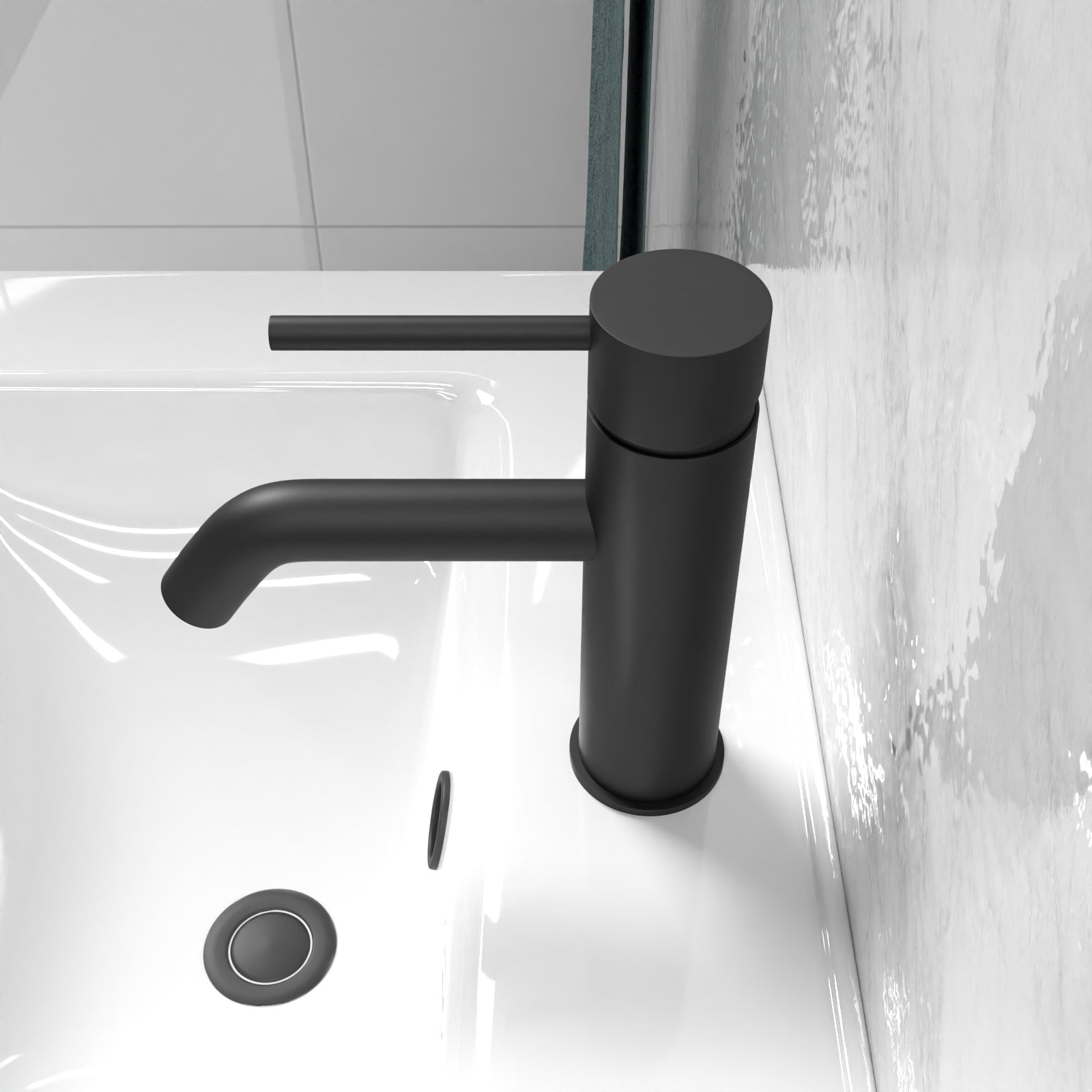 Matt Black Deck Mounted Round Single Lever Basin Mono Tap with Waste