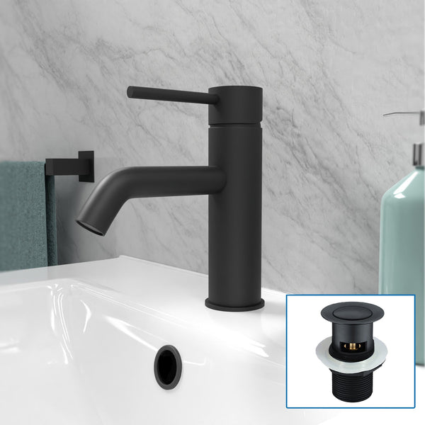 Matt Black Deck Mounted Round Single Lever Basin Mono Tap with Waste