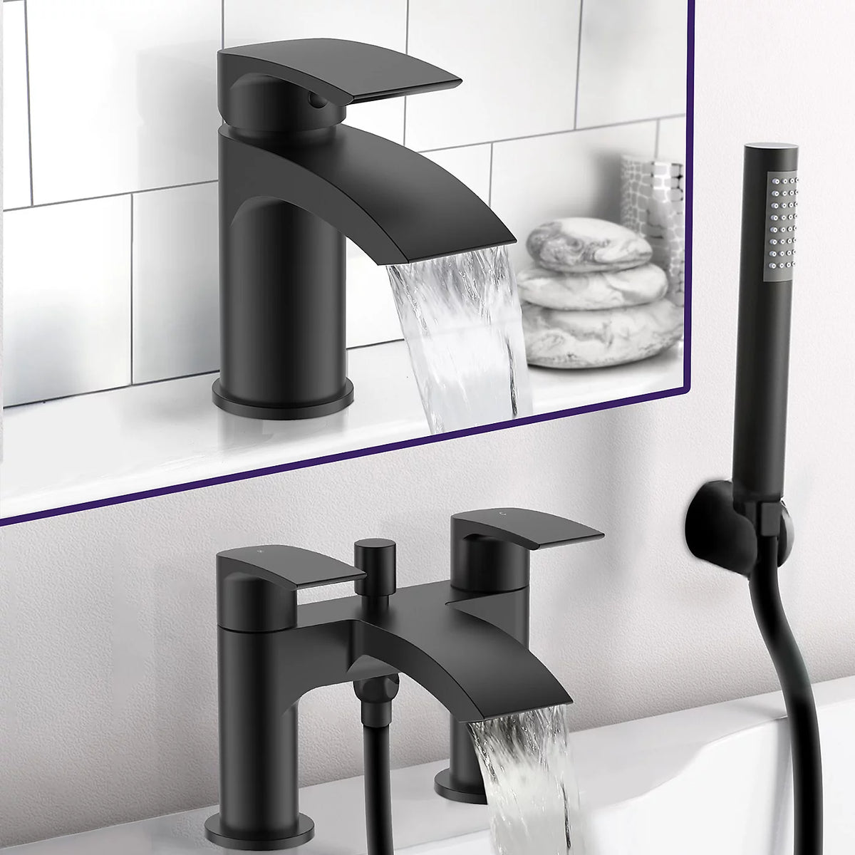 Vago Stylish Waterfall Matte Black Basin Mono Mixer Tap & Bath Shower Mixer Tap With Handset Kit