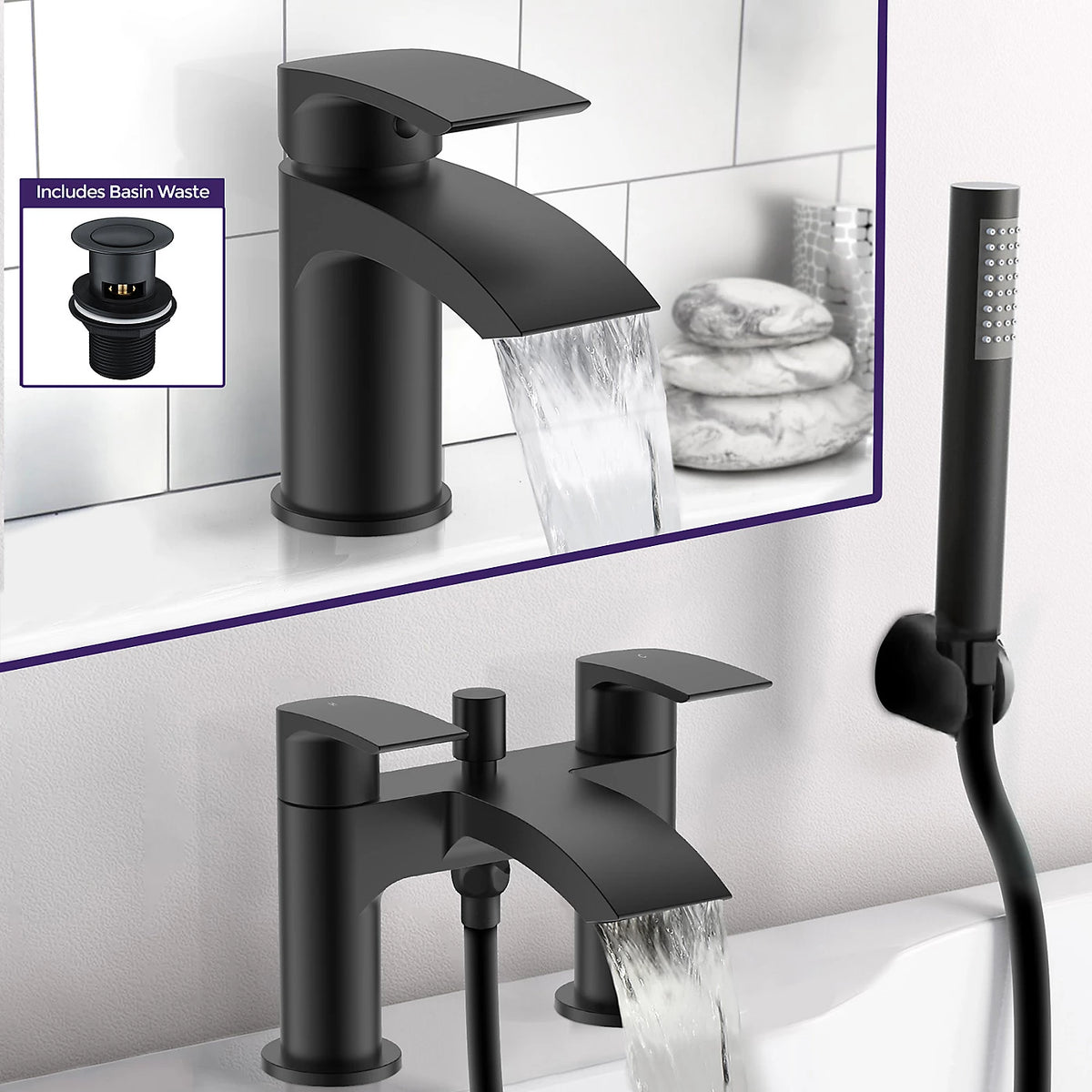 Vago Stylish Waterfall Matte Black Basin Mono Mixer Tap & Bath Shower Mixer Tap With Handset Kit
