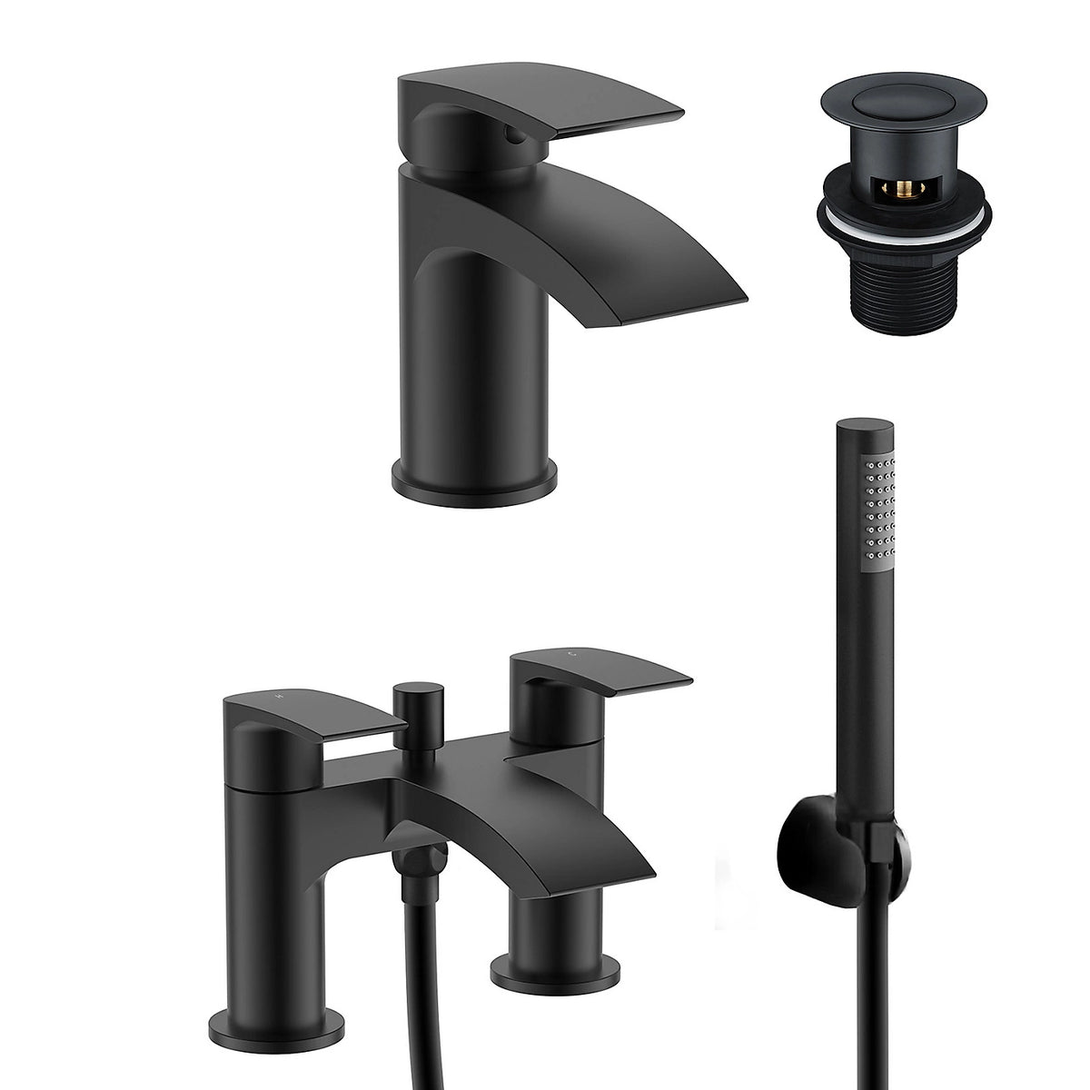 Vago Stylish Waterfall Matte Black Basin Mono Mixer Tap & Bath Shower Mixer Tap With Handset Kit