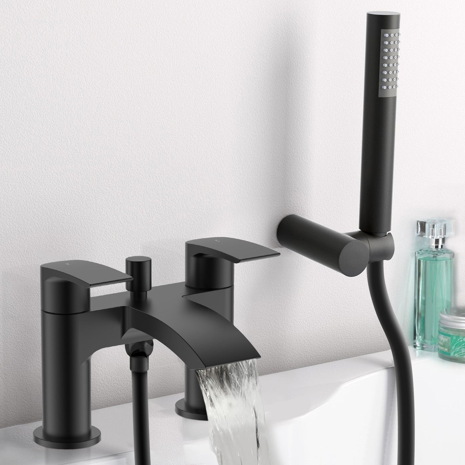 Vago Modern Matte Black Waterfall Basin Mixer Tap & Bath Shower Mixer With Handset Kit