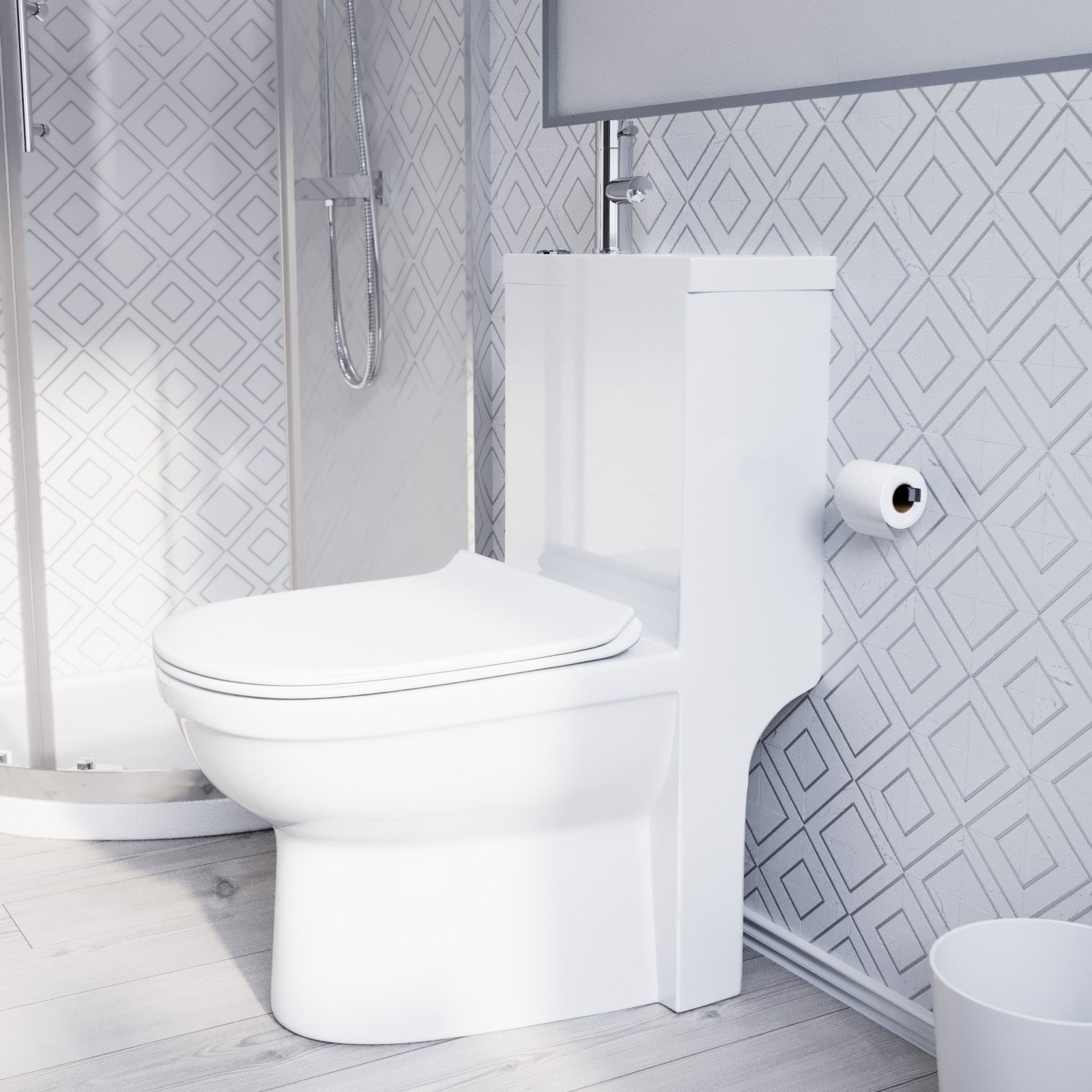 White Modern One Piece 2 in 1 Close Coupled Pan Round with Basin