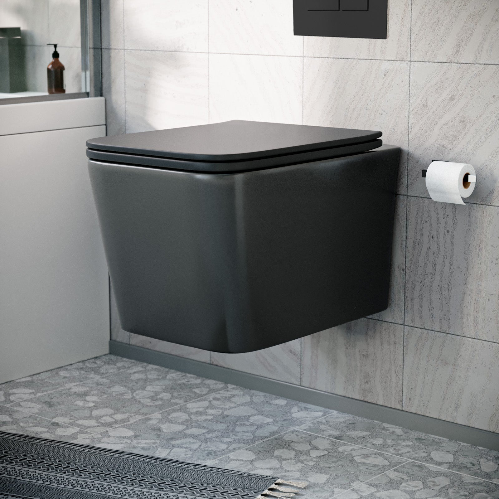 Modern Matt Black Square Wall Hung Toilet Pan with Soft Close Seat