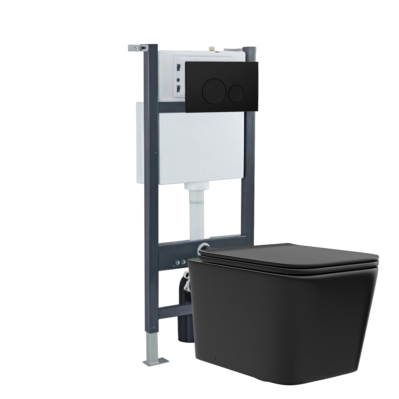 Matt Black Square WH Toilet Top/Front Frame & Round Button Flush Plate