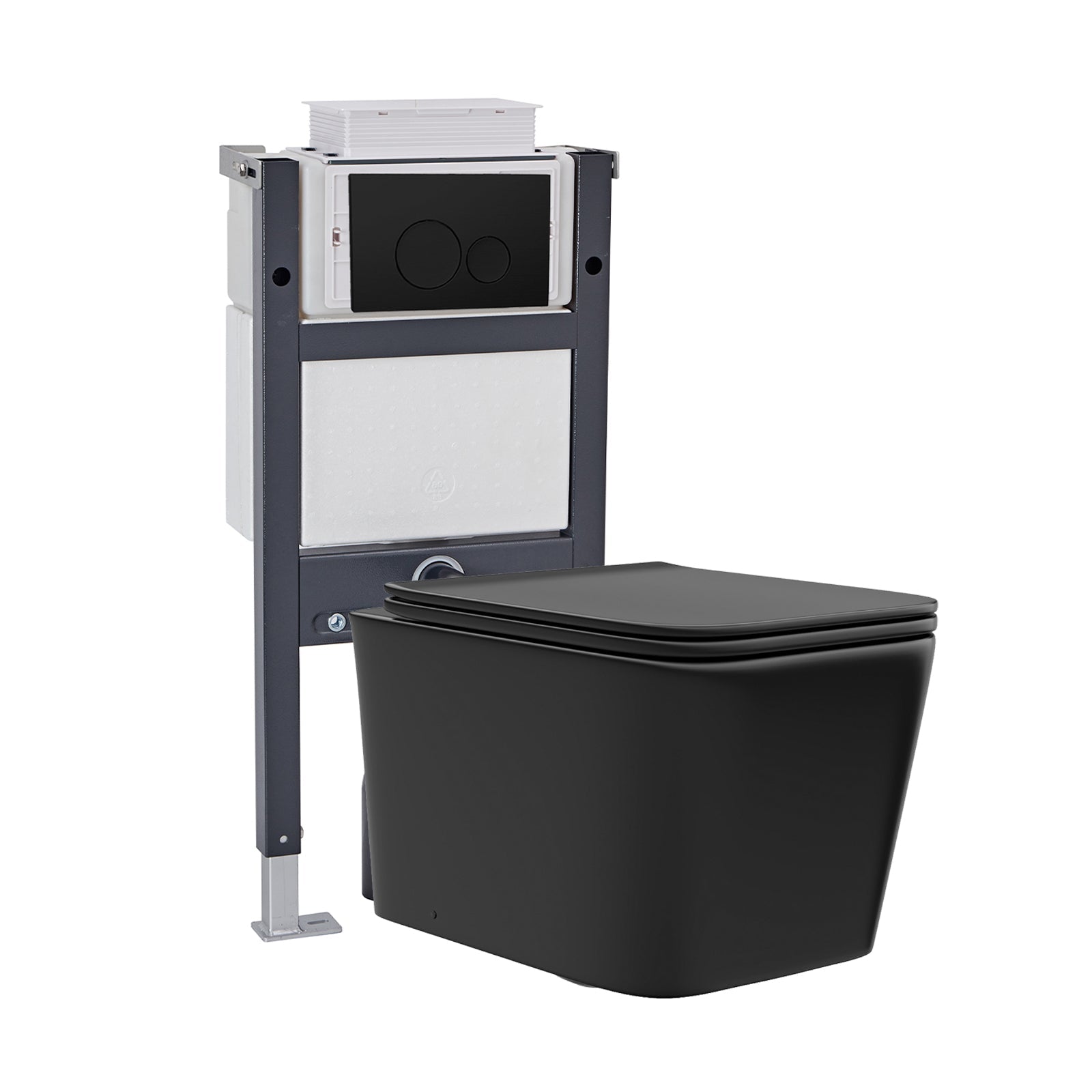 Wall Hung Square Rimless Black Toilet, Cistern Frame Round Button