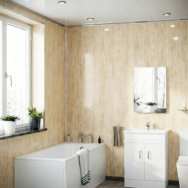 Gloss Beige Travertine Stone Waterproof PVC Wall Panel 1000mm x 2400mm x 10mm