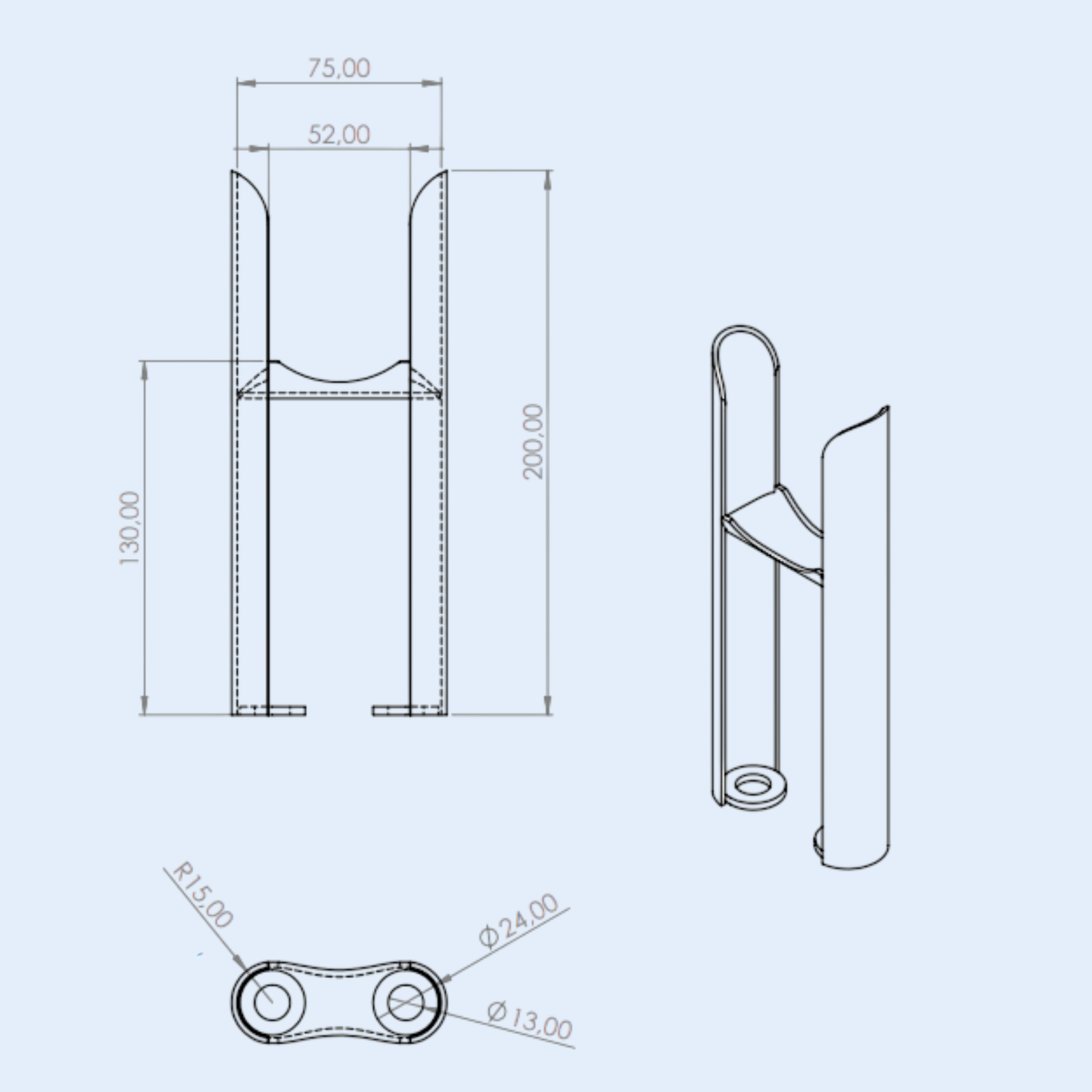 Technical drawing of a metal bracket with dimensions on a light blue background