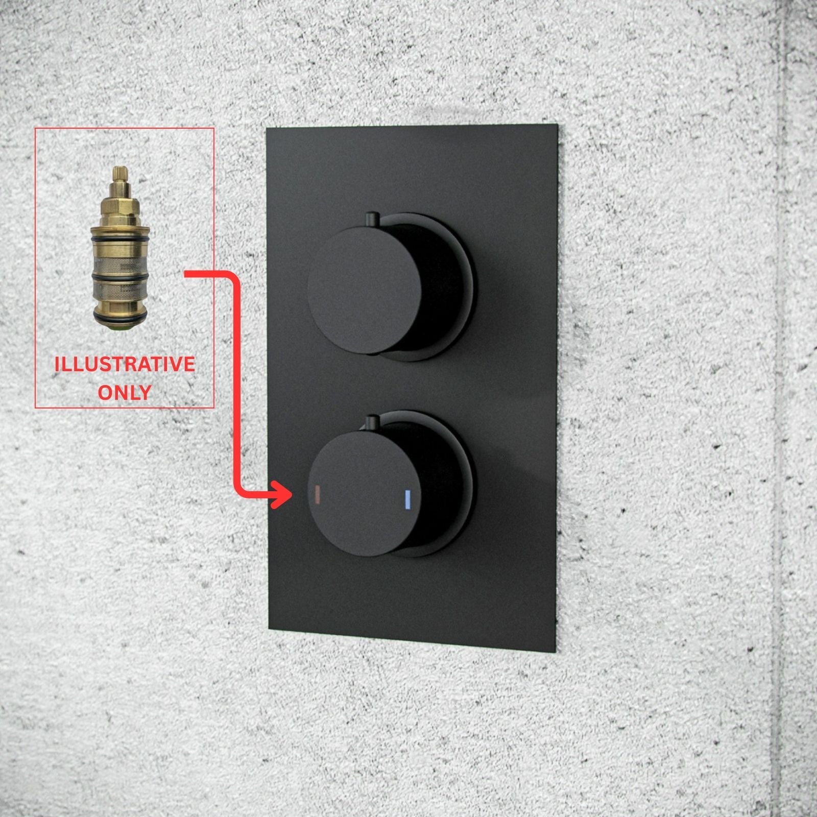 Black wall-mounted shower control panel on a textured gray wall.