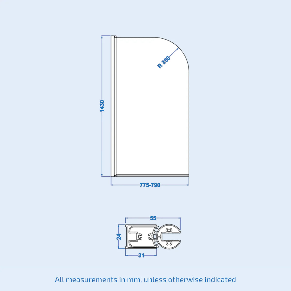 Chrome 5mm Curved Edge Reversible Pivot Frameless Bath Screen 790mm W x 1430mm H