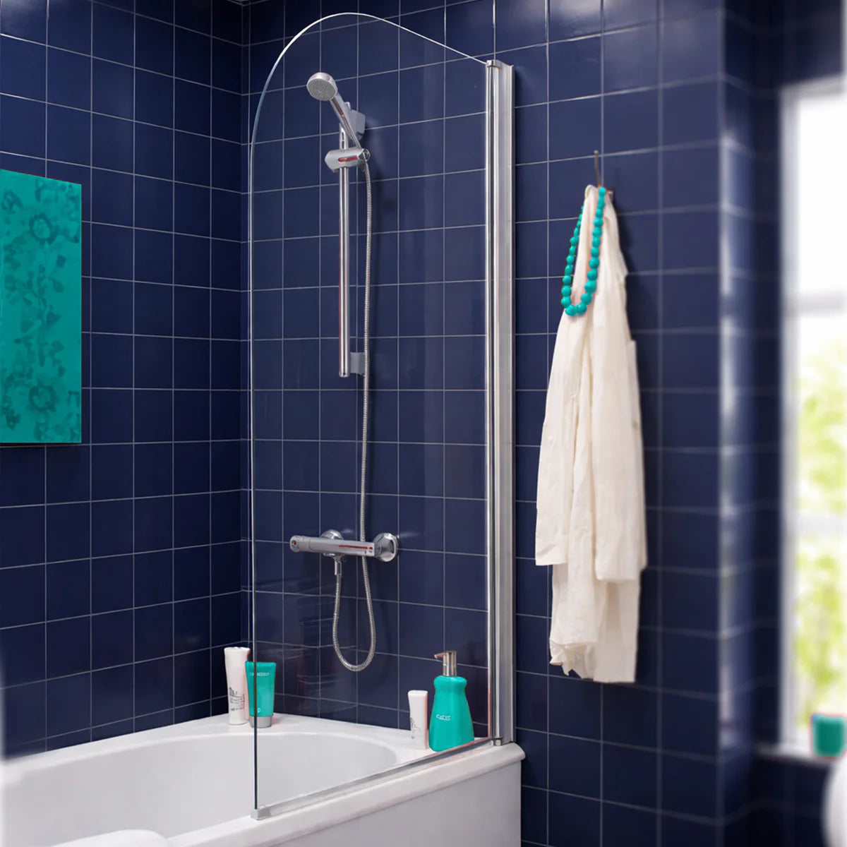 Chrome 5mm Curved Edge Reversible Pivot Frameless Bath Screen 790mm W x 1430mm H