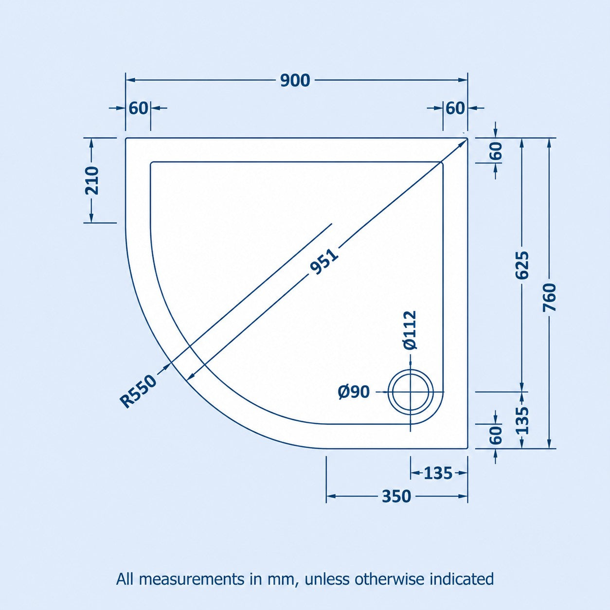 LH 900mm x 760mm Offset Quadrant Shower Tray