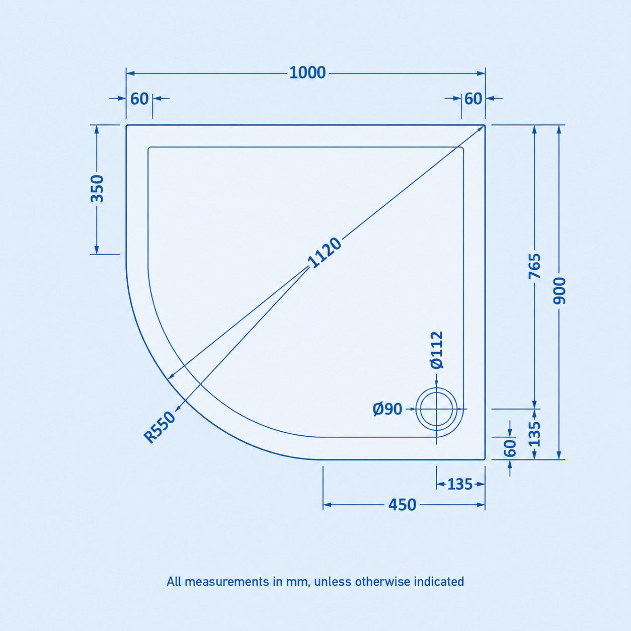 LH 1000mm x 900mm Offset Quadrant Shower Tray