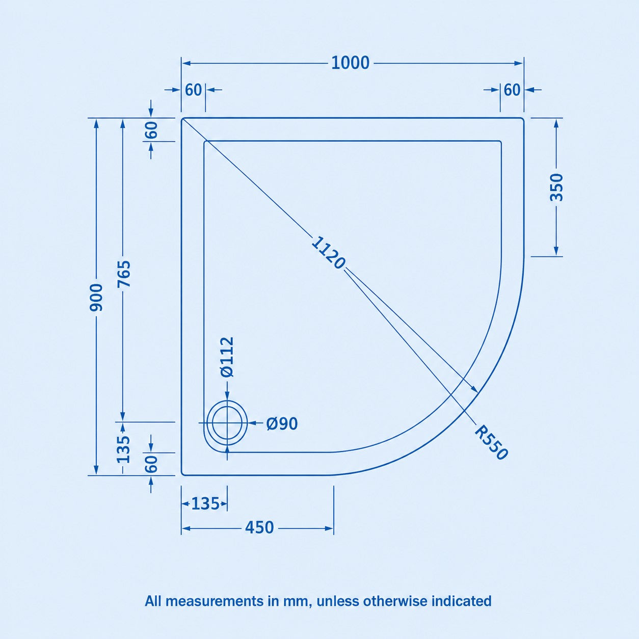 RH 1000mm x 900mm Offset Quadrant Shower Tray