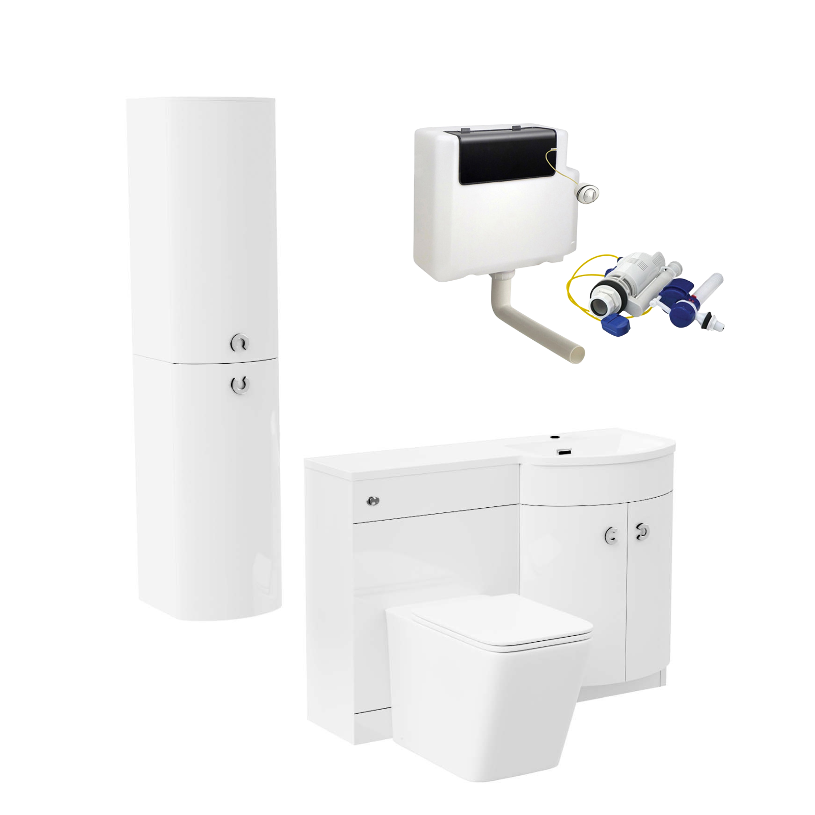 Dene 1100 mm FP P-Shape White RH Basin Vanity, Rimless Toilet & Wall Hung Cabinet