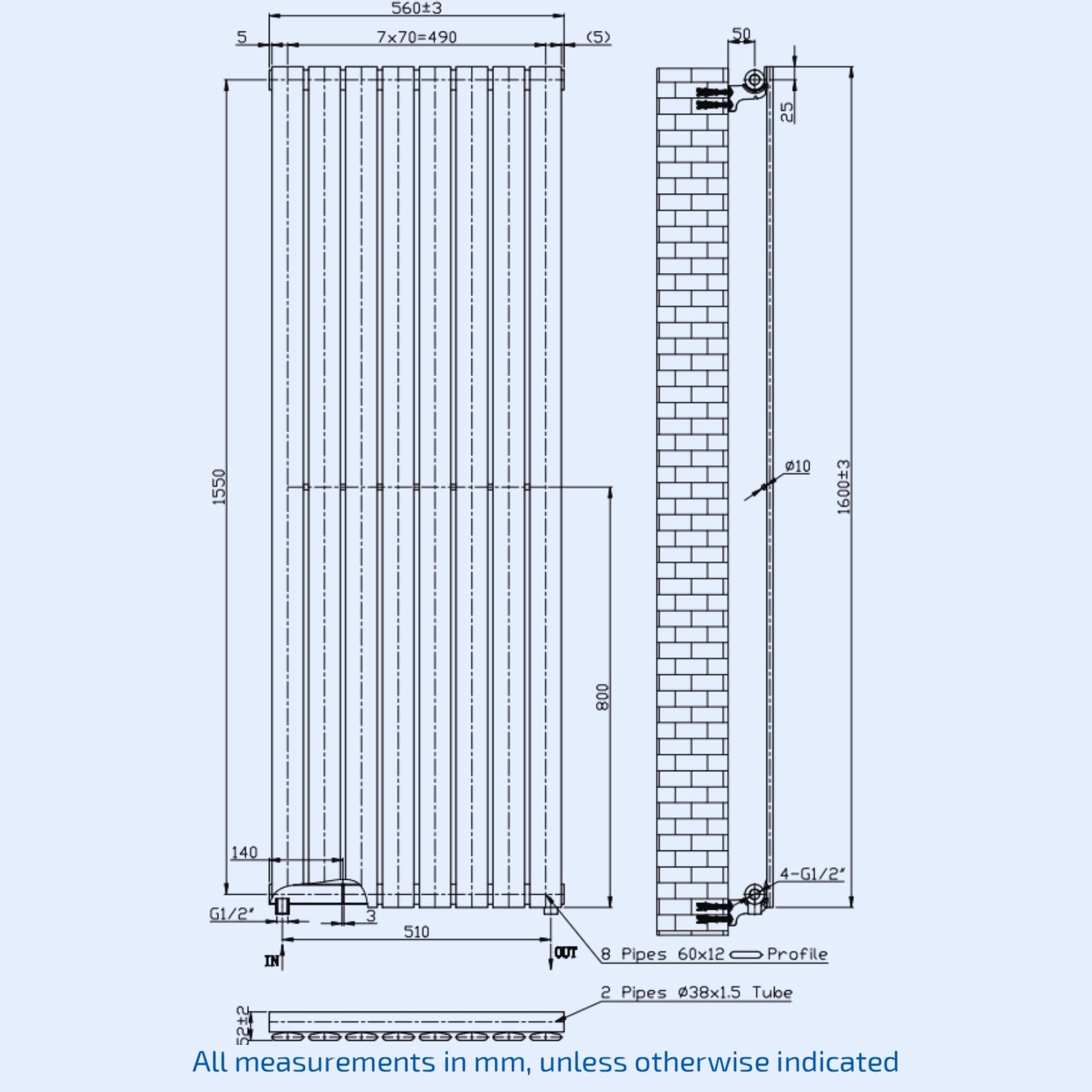 Kartell Boston Design Radiator 1600mm H x 560mm W White Vertical Designer Radiator -BOS1600-550W