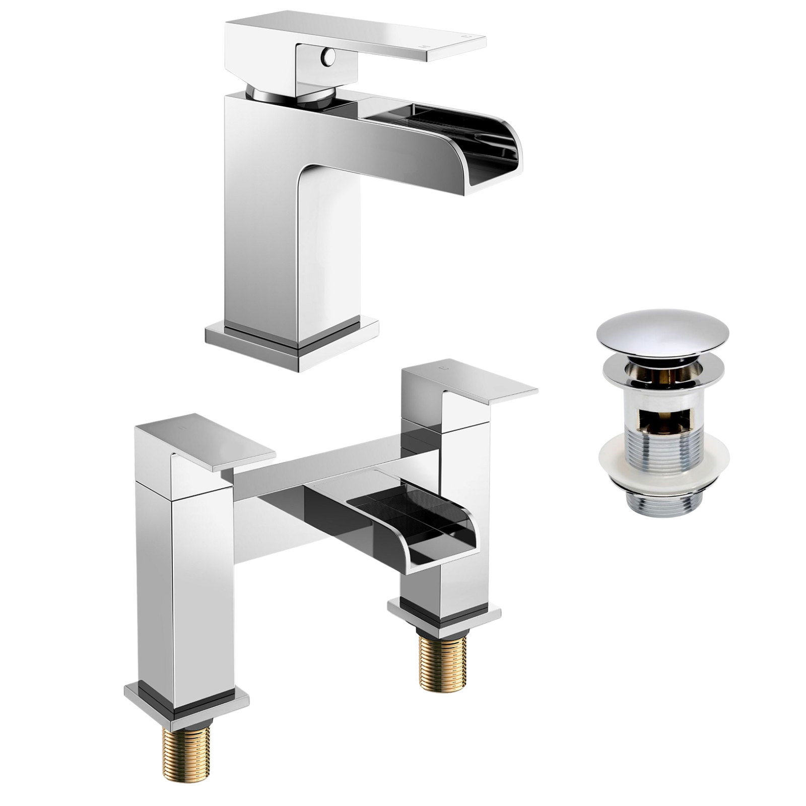 Ozone Chrome Modern Waterfall Basin Sink Mono Lever Tap + Bath Filler Tap + Free Waste