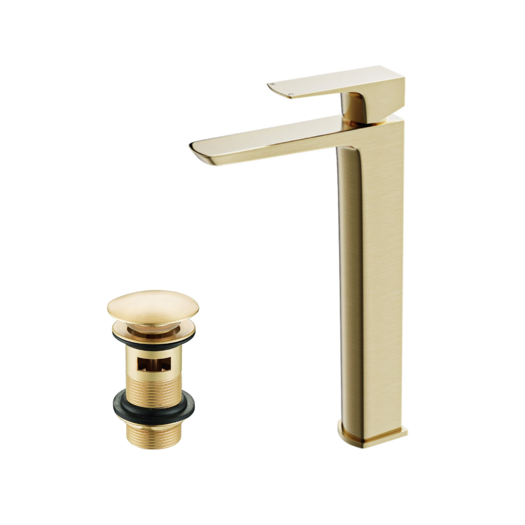 Brushed Brass Tall Basin Mixer Tap & Slotted Push Button Waste