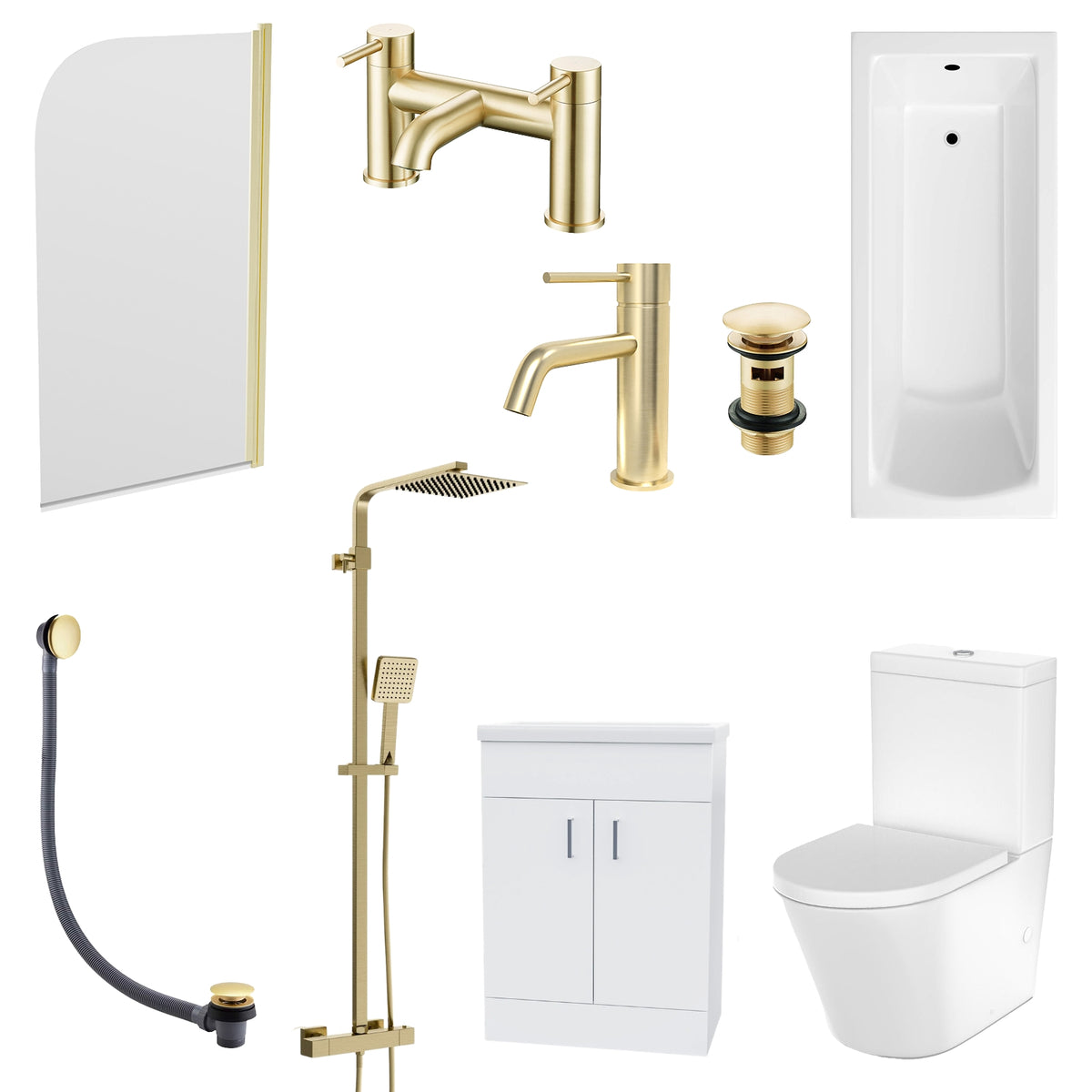Bathroom Suite - Alaska 1400mm Square Single Ended Bathtub with Screen, 600mm Vanity Unit & Close Coupled Toilet - Set with Brushed Brass Fittings