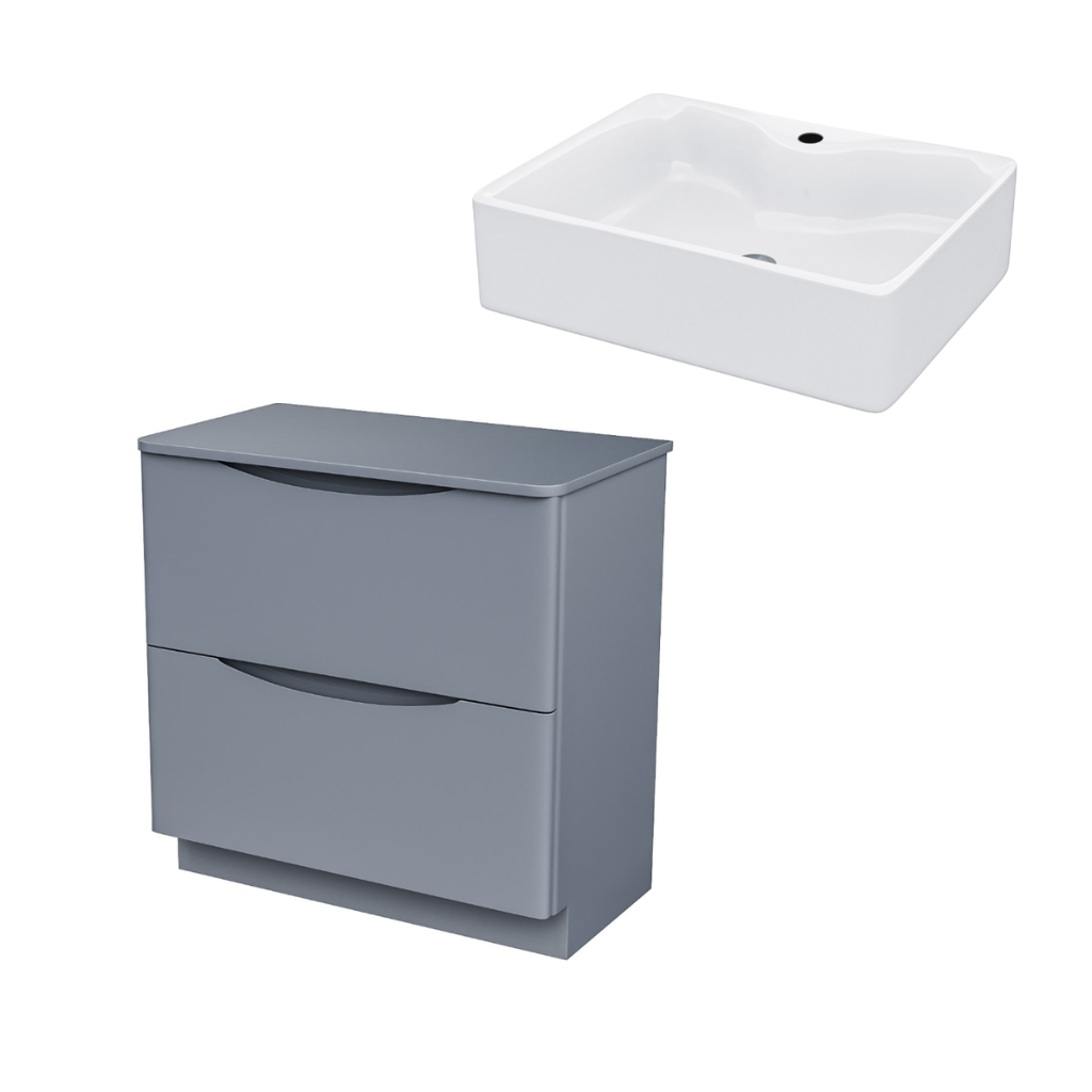 Merton 800mm Dark Grey Freestanding Countertop Vanity Basin Unit 2-Drawer Cabinet with 485mm Rectangle White Countertop Basin