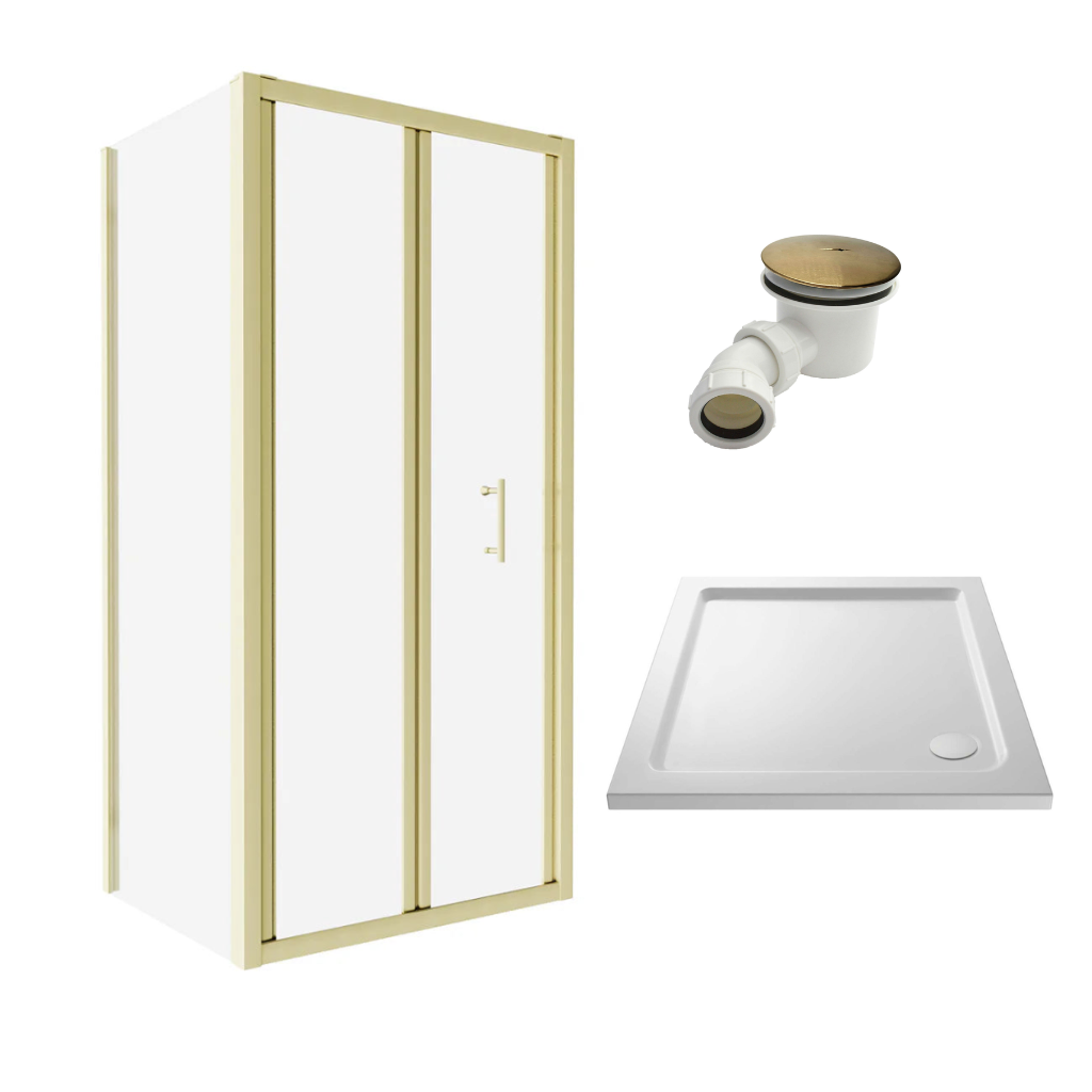 Brushed Brass 1000mm Bi-fold Shower Door 1000mm Side Panel Tempered Glass + Tray and Waste