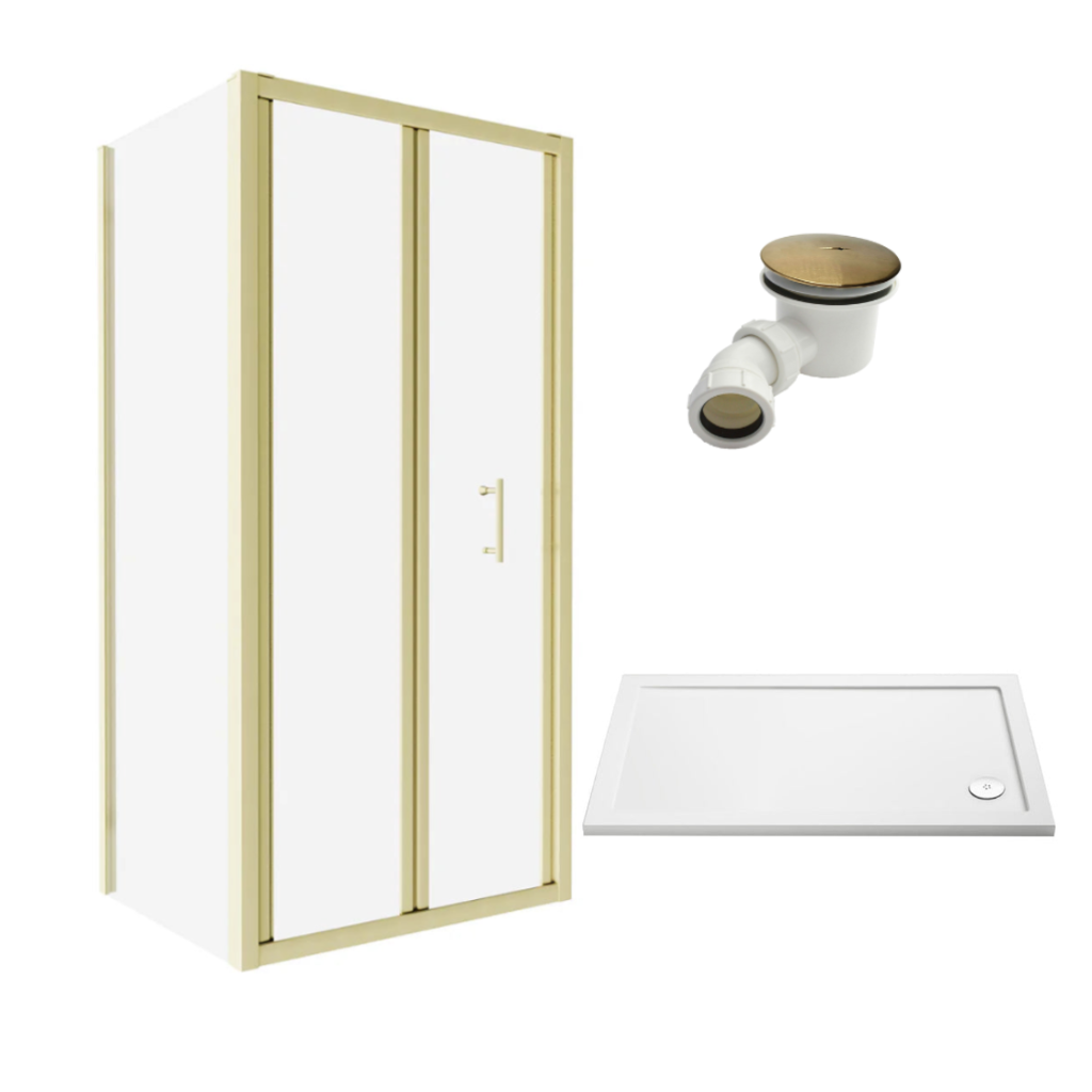 Brushed Brass 900mm x 760mm Bi-fold Shower Enclosure + Tray and Waste