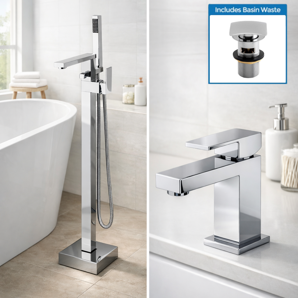Cube Square Freestanding Bath Shower Mixer Tap, Basin Sink Mixer Tap & Push Button Slotted Basin Waste Set