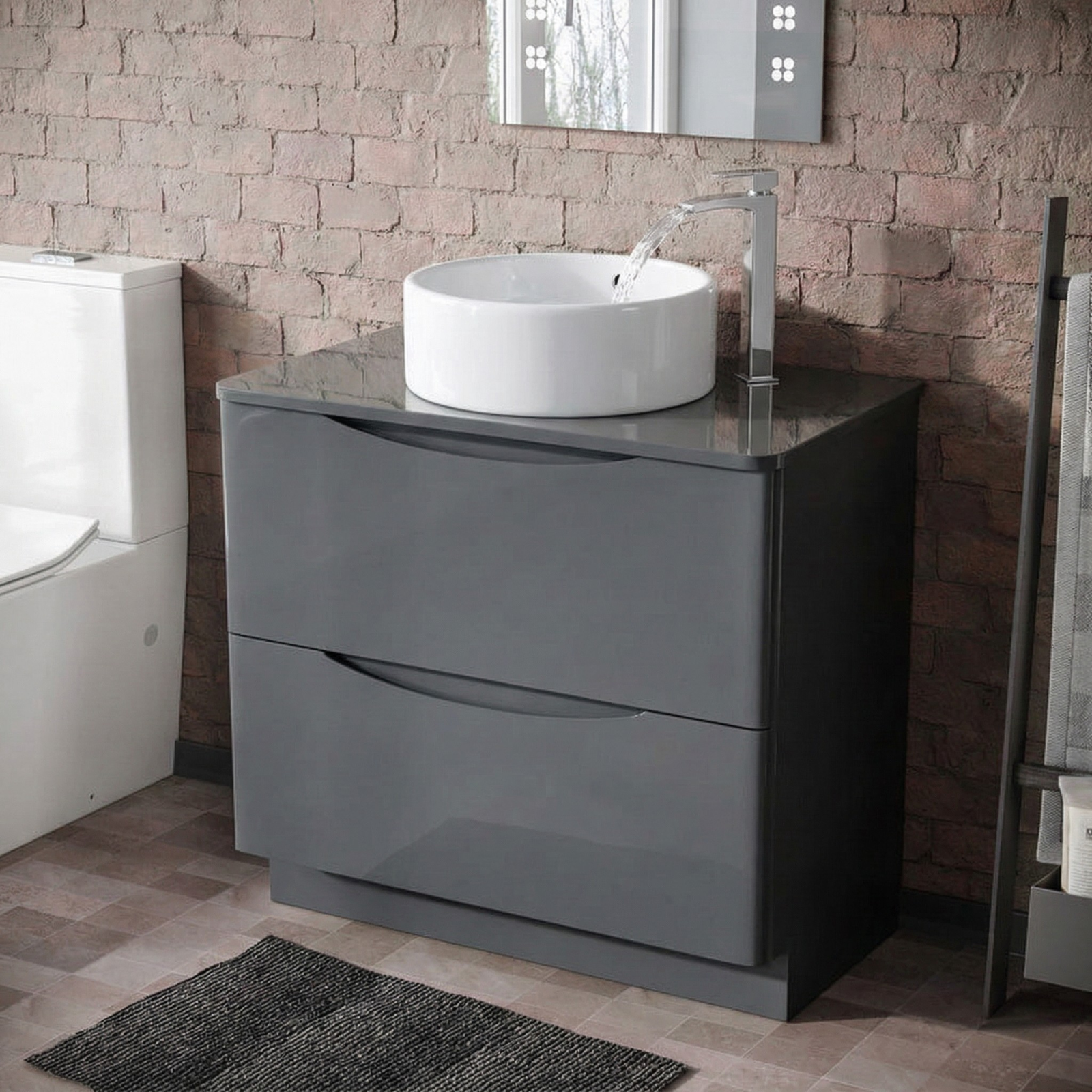 Merton 800mm Dark Grey Freestanding Countertop Vanity Basin Unit 2-Drawer Cabinet with 420mm Extra High Round White Countertop Basin