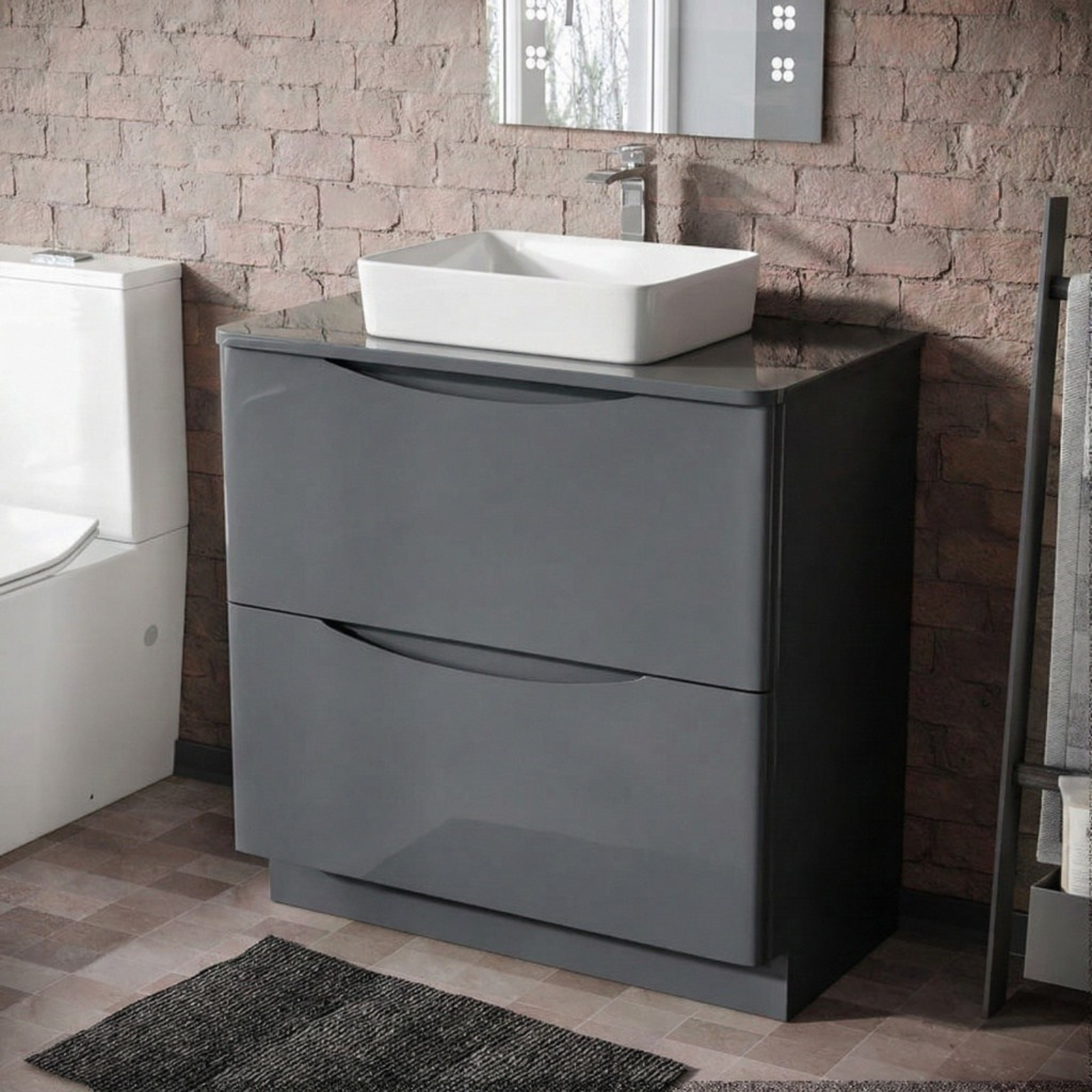 Merton 800mm Dark Grey Freestanding Countertop Vanity Basin Unit 2-Drawer Cabinet with 485mm Rectangle White Countertop Basin