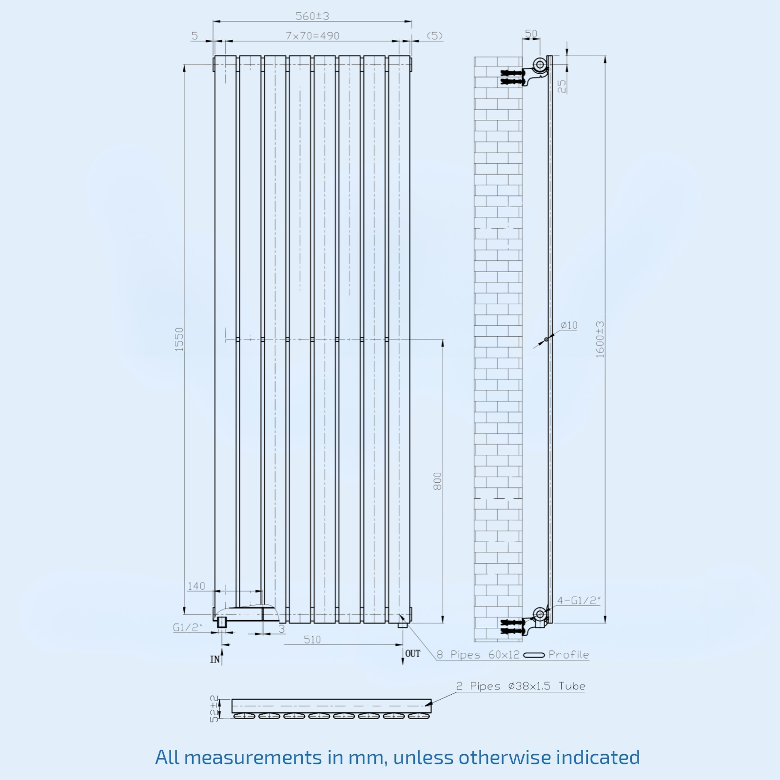 Kartell Boston 1600mm H x 560mm W Anthracite Vertical Designer Radiator - BOS1600-550A