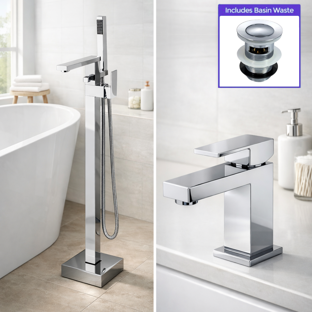 Cube Square Freestanding Bath Shower Mixer Tap, Basin Sink Mixer Tap & Round Push Button Slotted Basin Waste Set