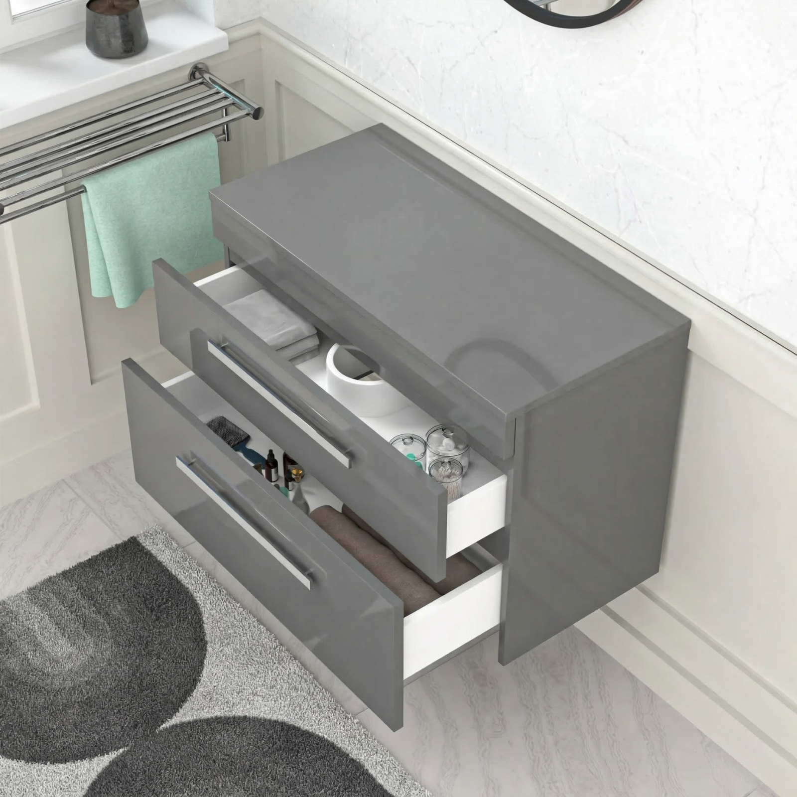 Nanuya 800mm Grey Wall Hung 2 Drawers Vanity Unit + Rectangle Counter Top Basin