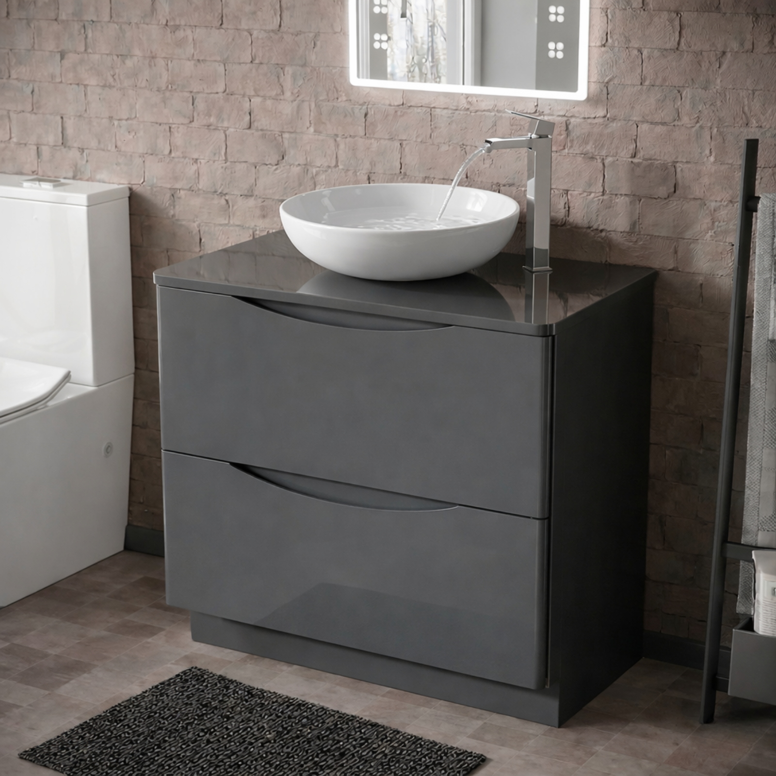 Merton 800mm Dark Grey Freestanding Countertop Vanity Basin Unit 2-Drawer Cabinet with 410mm Round White Countertop Basin