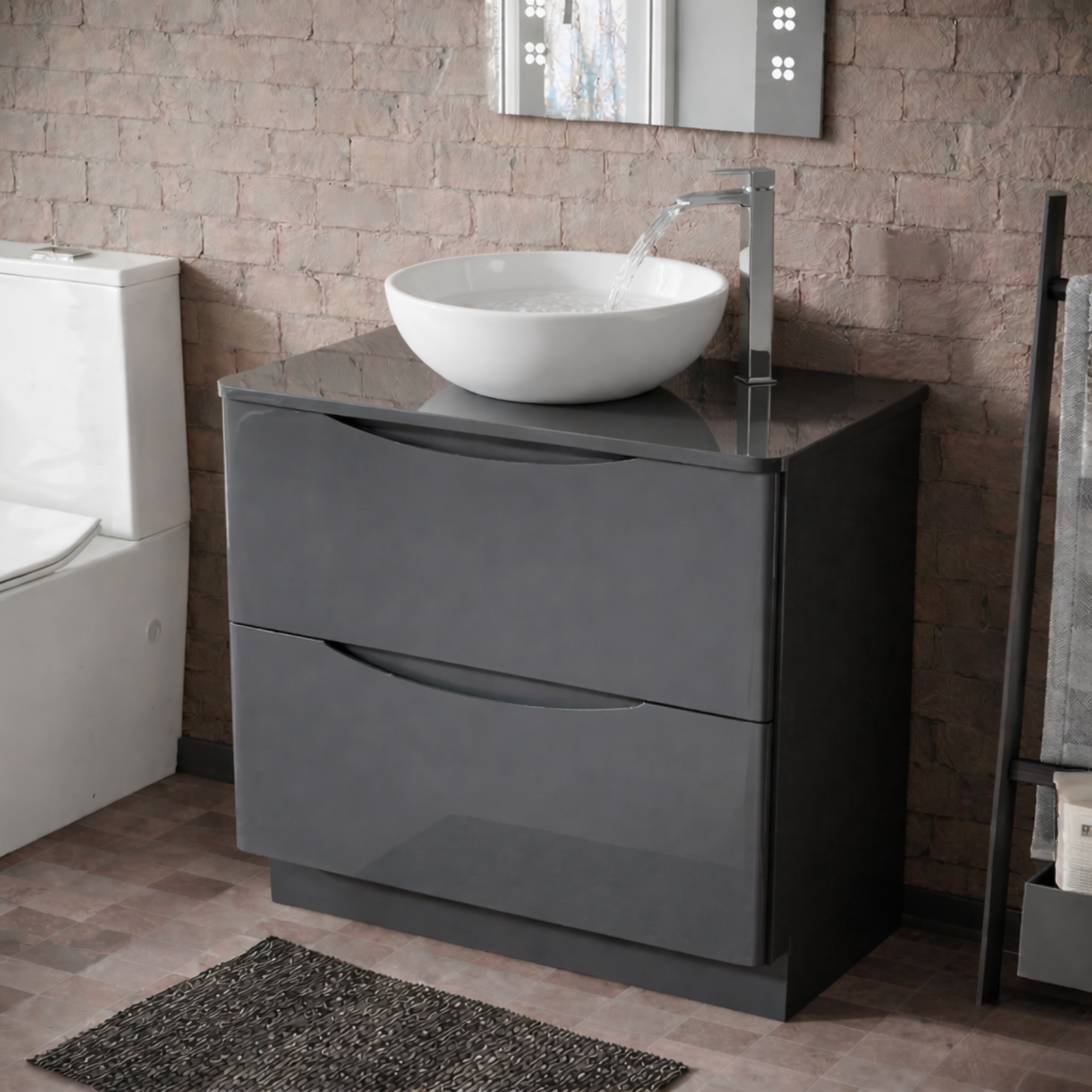 Merton 800mm Dark Grey Freestanding Countertop Vanity Basin Unit 2-Drawer Cabinet with 420mm Round White Extra High Countertop Basin