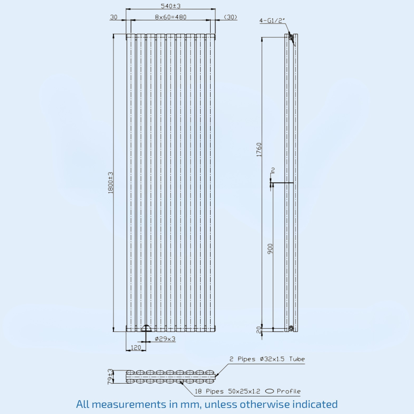Kartell Aspen 1800mm H x 540mm W White Double Designer Vertical Radiator - ASP18-55VDW