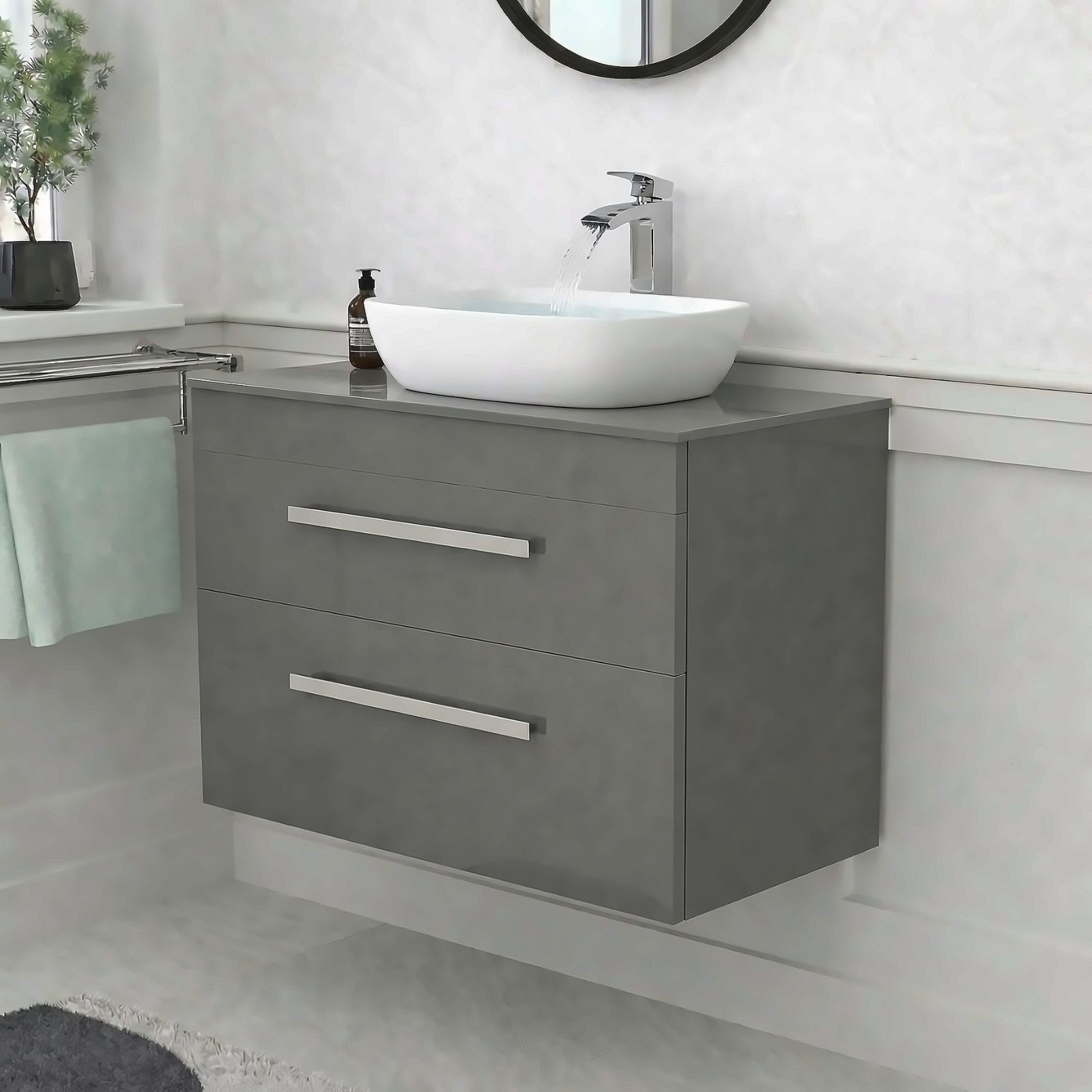 Nanuya 800mm Steel Grey Wall Hung 2 Drawer Vanity Unit & 460mm Rectangular Countertop Basin Set