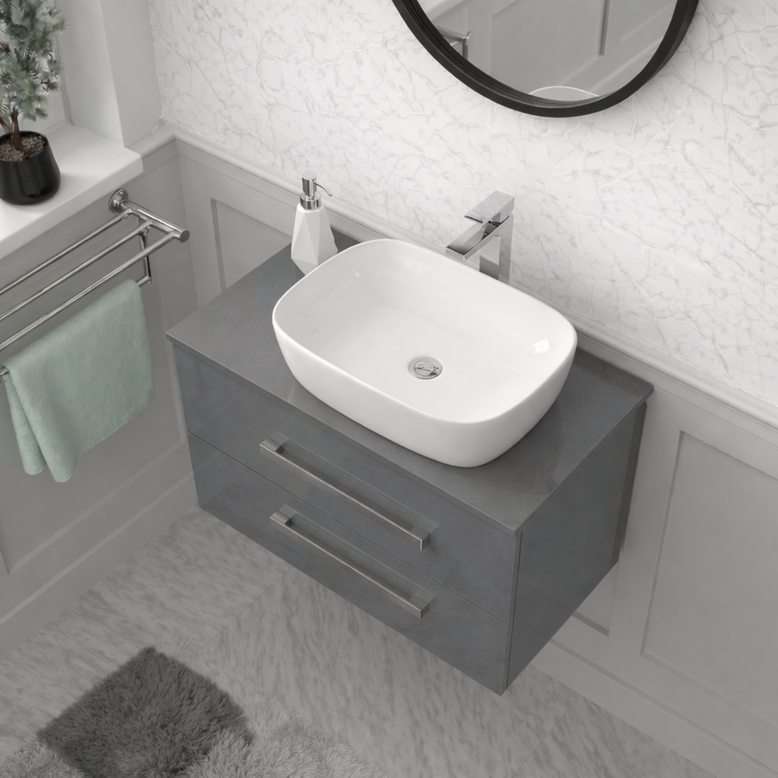 Nanuya 800mm Steel Grey Wall Hung 2 Drawer Vanity Unit & 460mm Rectangular Countertop Basin Set